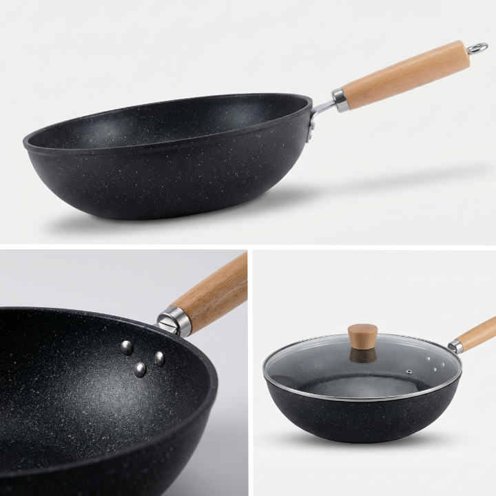 Wok en céramique avec couvercle en verre et manche en bois pour tous types de cuisinières