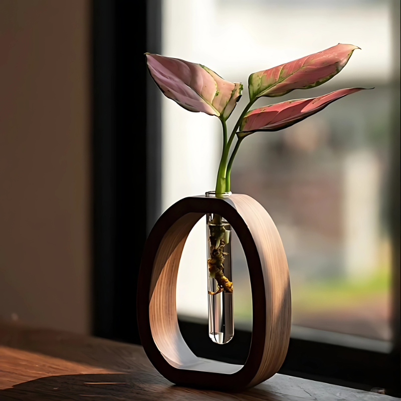 Vase avec cadre en bois et tube à essai – Décoration de table minimaliste