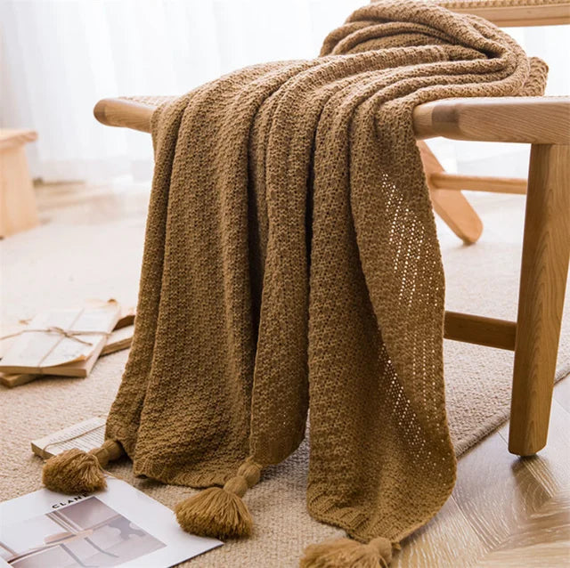 Couverture de salon à motif gaufré gros tricot avec bordures à franges