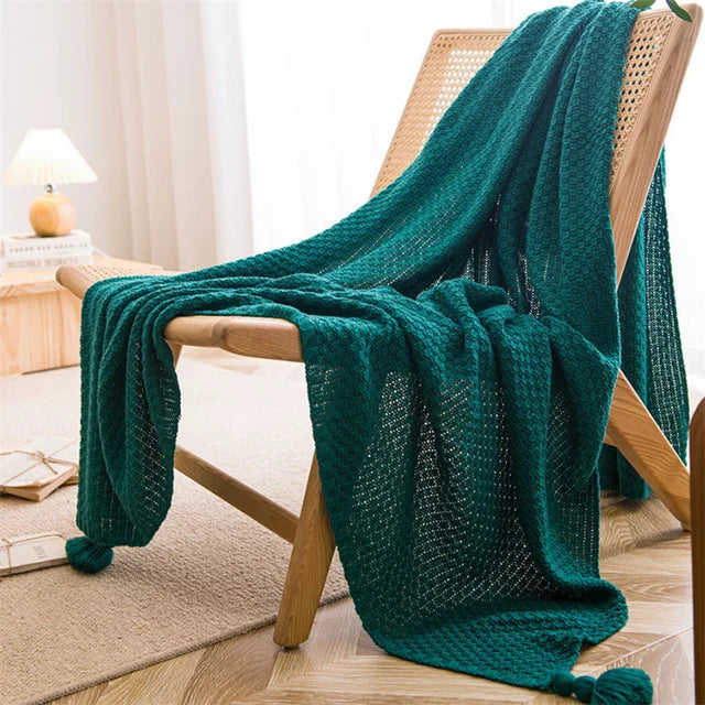 Couverture de salon à motif gaufré gros tricot avec bordures à franges