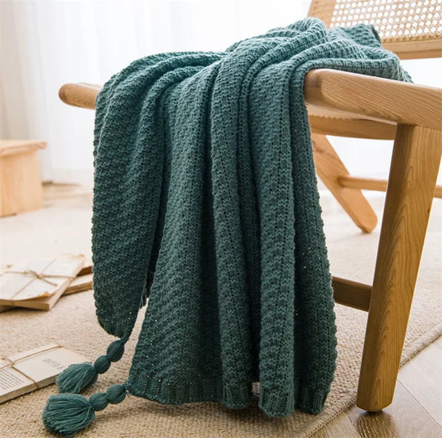 Couverture de salon à motif gaufré gros tricot avec bordures à franges