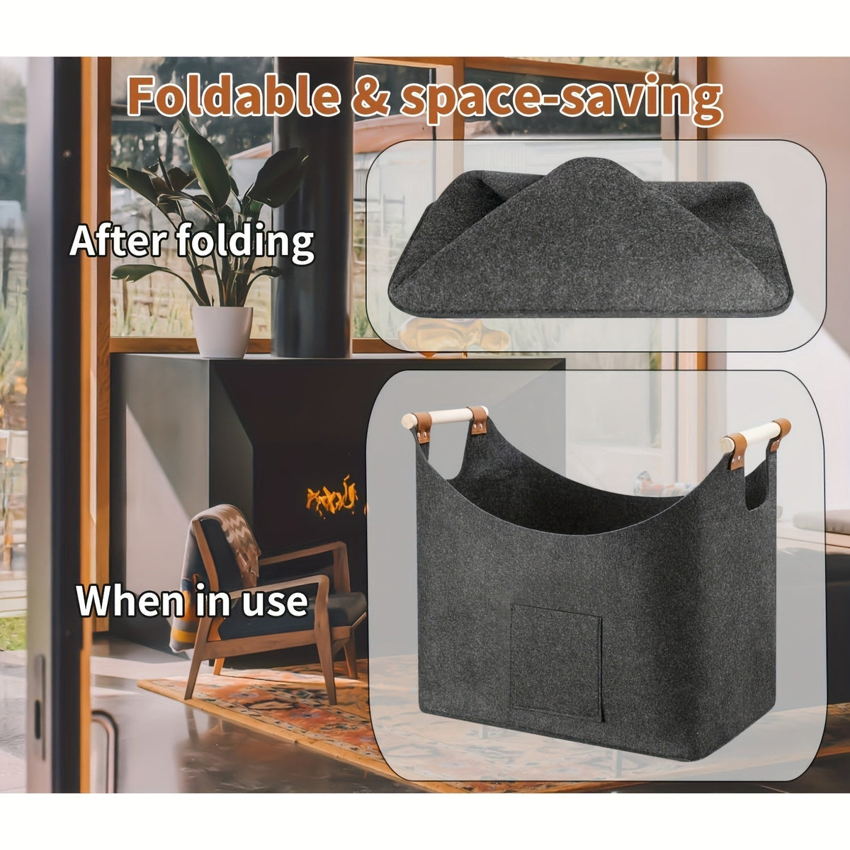 Panier à bûches pliable en feutre avec poignées en bois – 55 litres