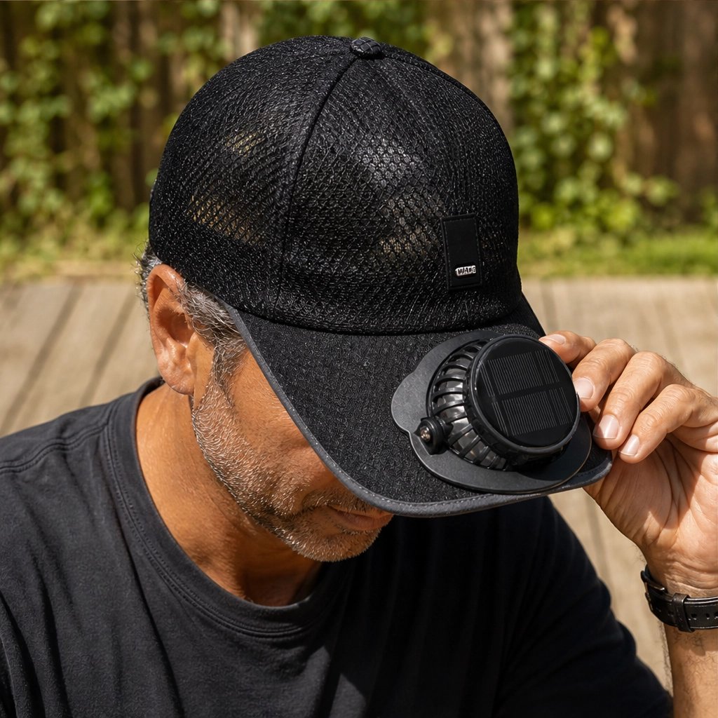 Chapeau solaire avec ventilateur intégré UPF50+ rechargeable 360°