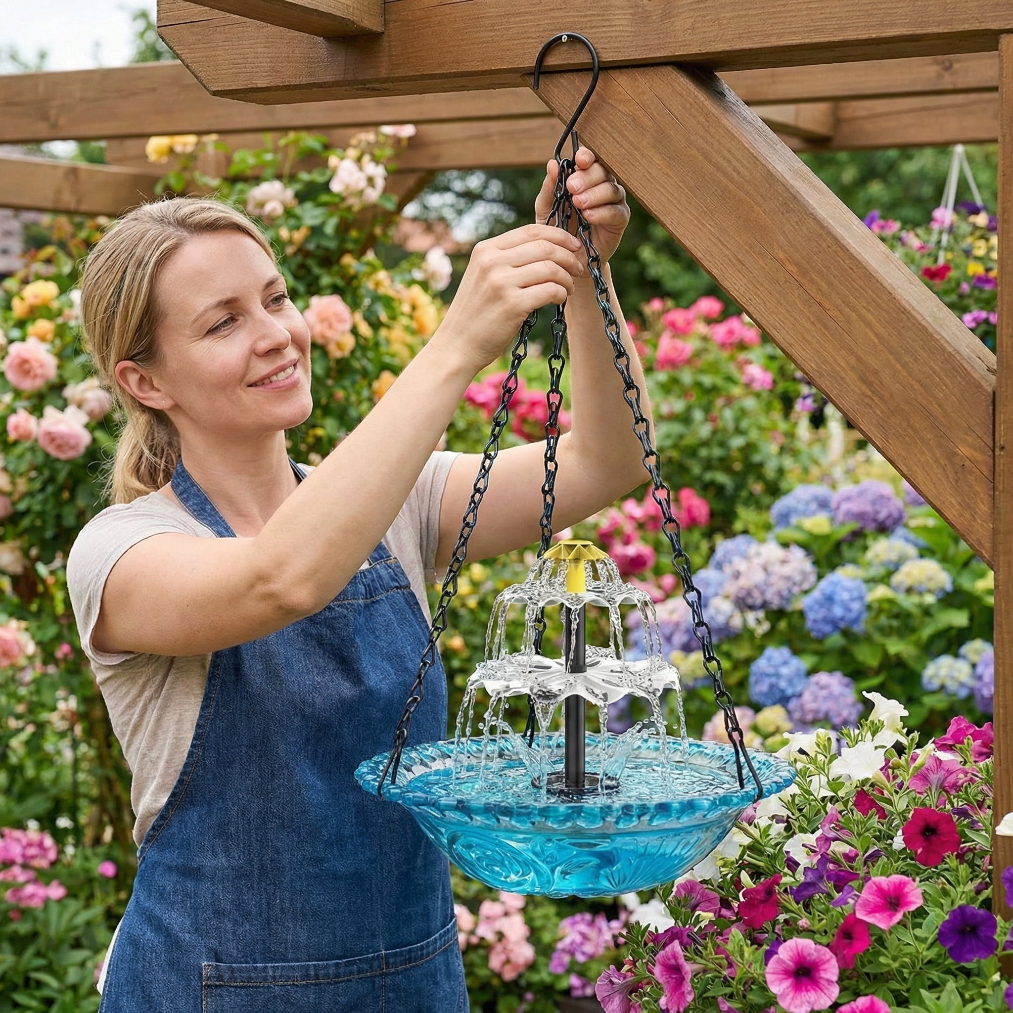 Fontaine suspendue solaire à deux niveaux – Abreuvoir oiseaux jardin