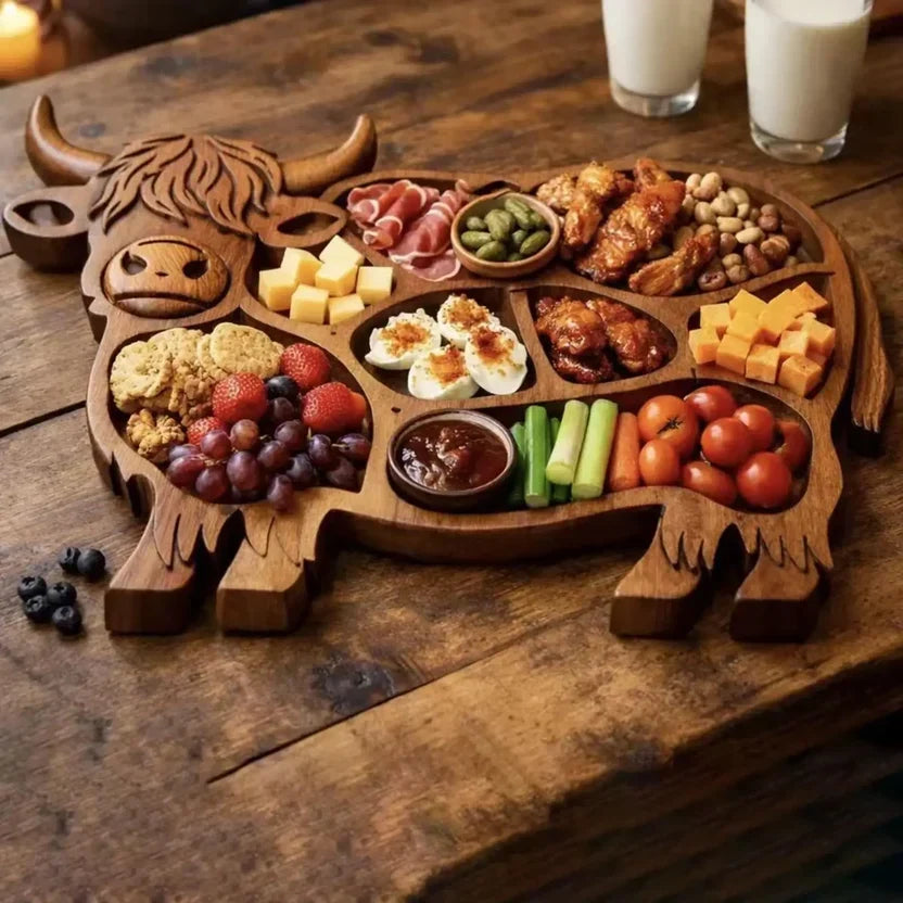 Planche de service Vache Highland en bois massif avec compartiments