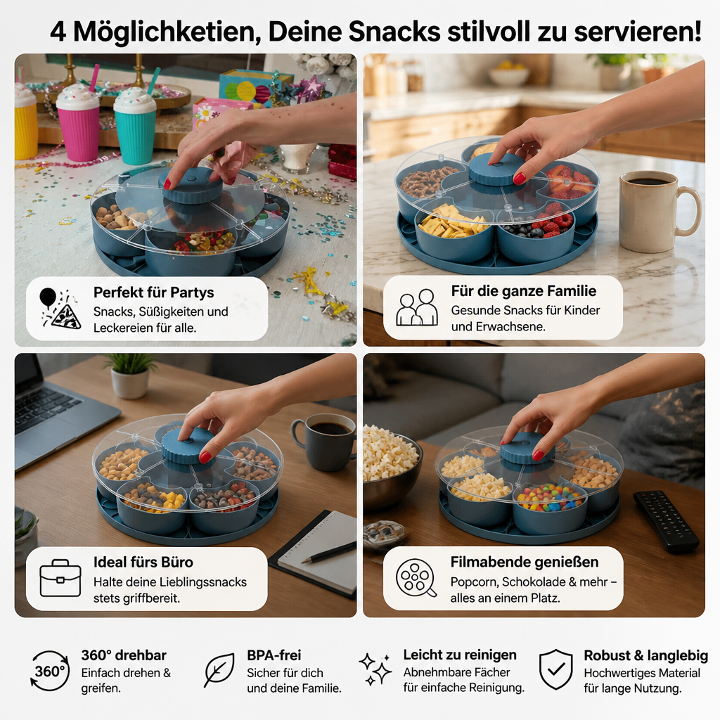 Plateau Tournant à Compartiments pour Snacks – Rotation 360° Sans BPA