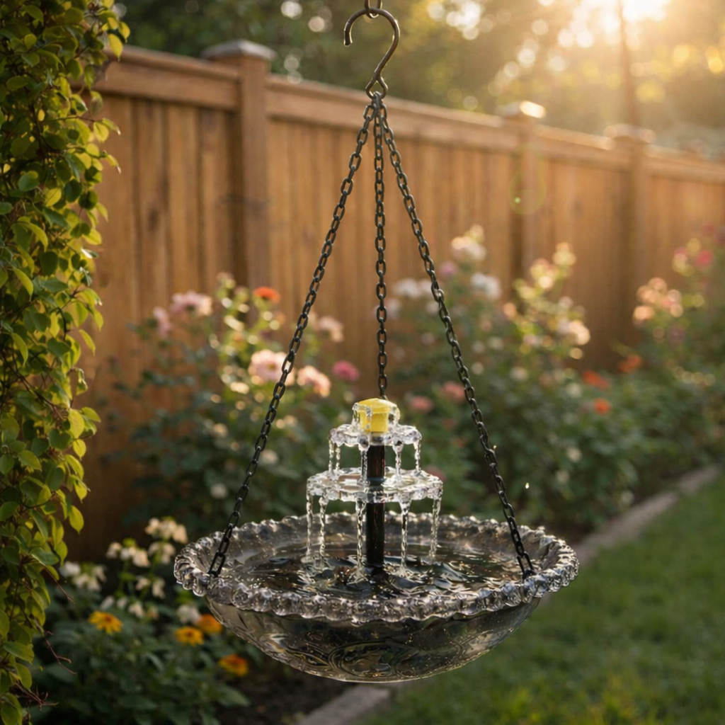 Fontaine suspendue solaire à deux niveaux – Abreuvoir oiseaux jardin