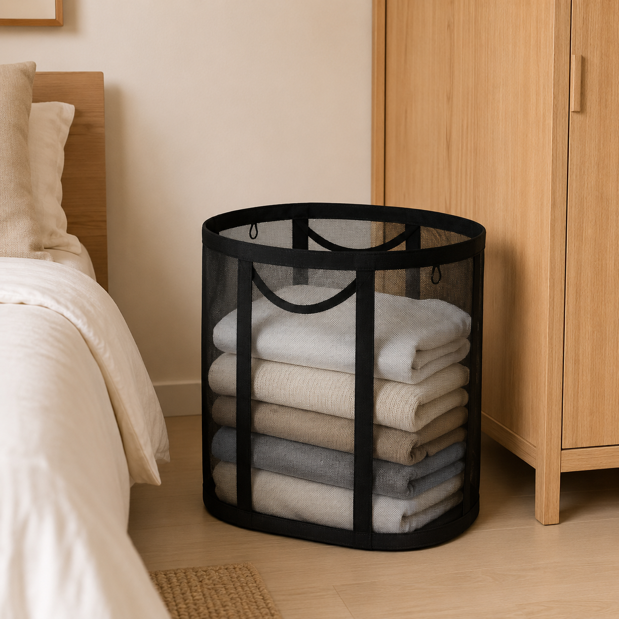 Panier à linge pliable en filet Nylon – gain de place et aéré