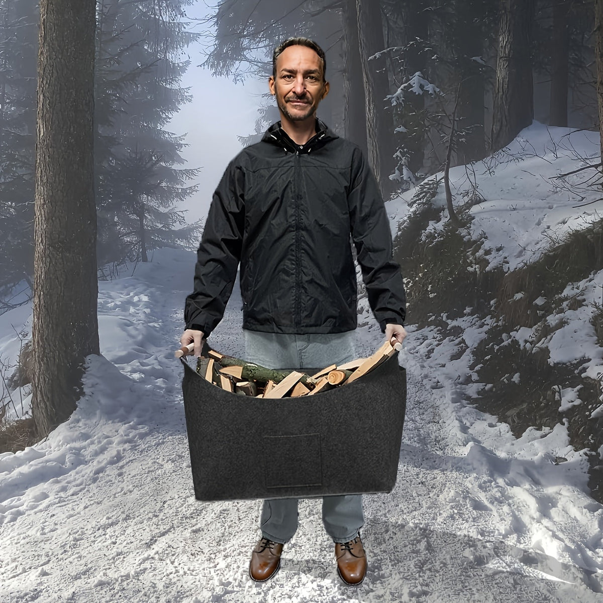 Panier à bûches pliable en feutre avec poignées en bois – 55 litres
