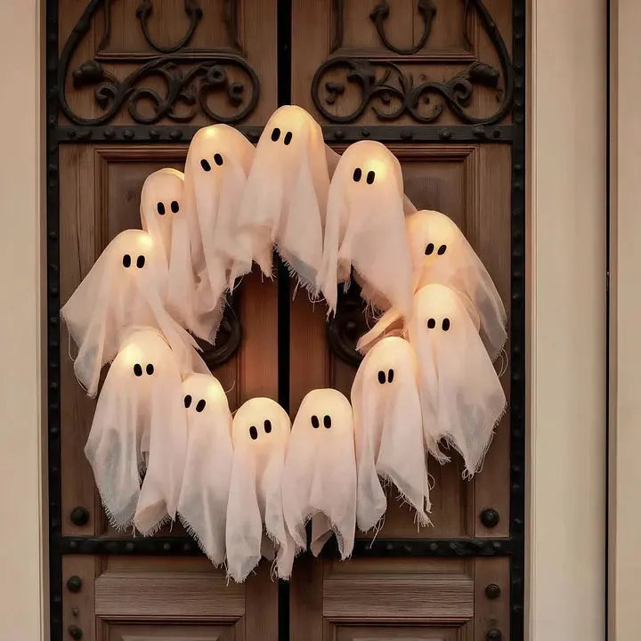 Couronne Halloween avec éclairage LED – 12 fantômes lumineux, 31 cm