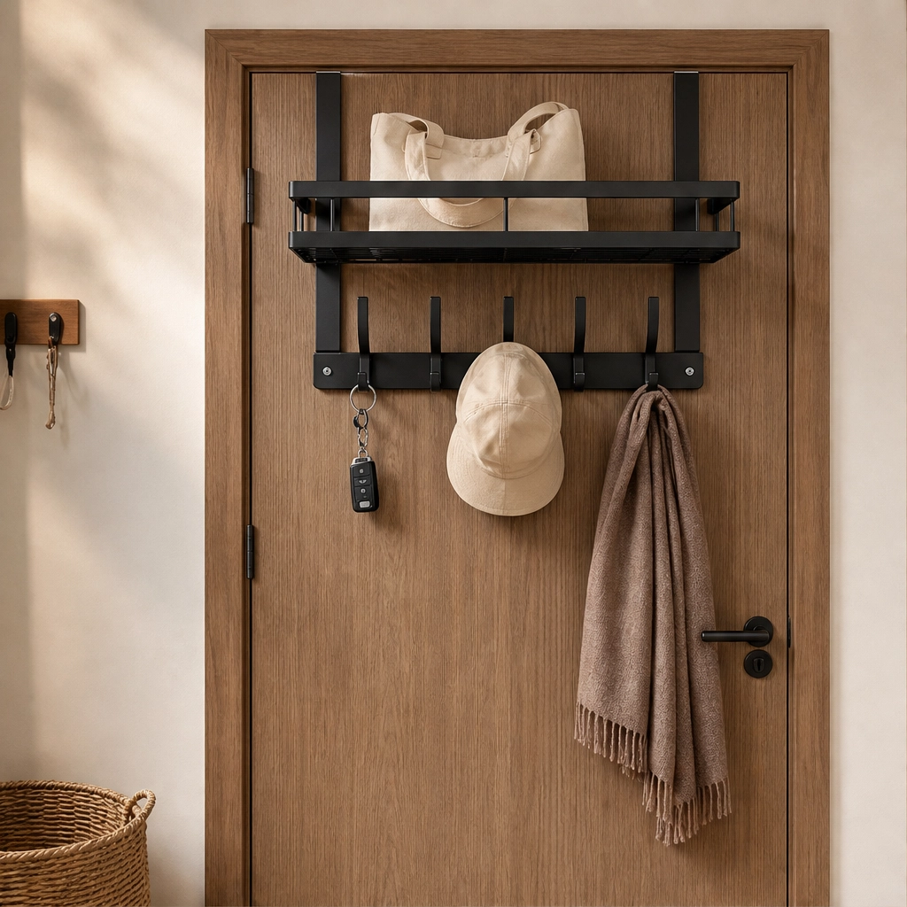 Étagère de Porte avec Crochets et Panier – Sans Perçage ni Outils