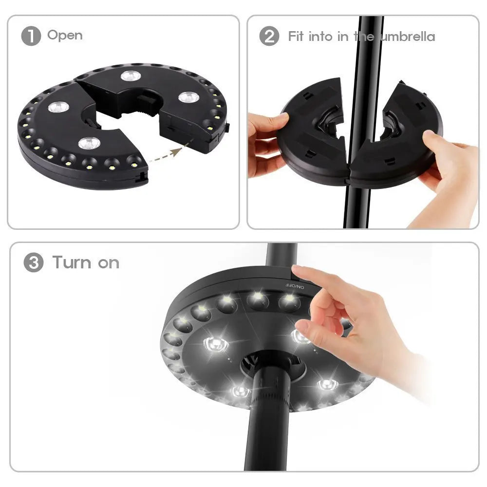 Lampe LED sans fil pour parasol avec pince – 3 niveaux de luminosité