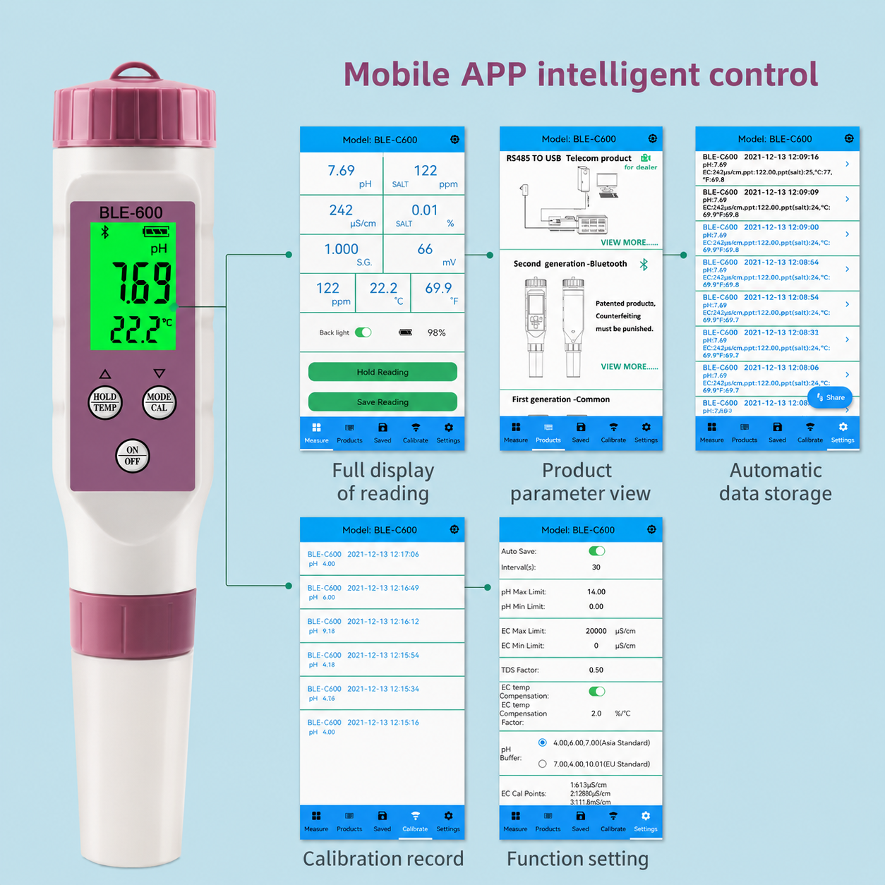 Testeur Qualité Eau Numérique 7-en-1 pH TDS Bluetooth