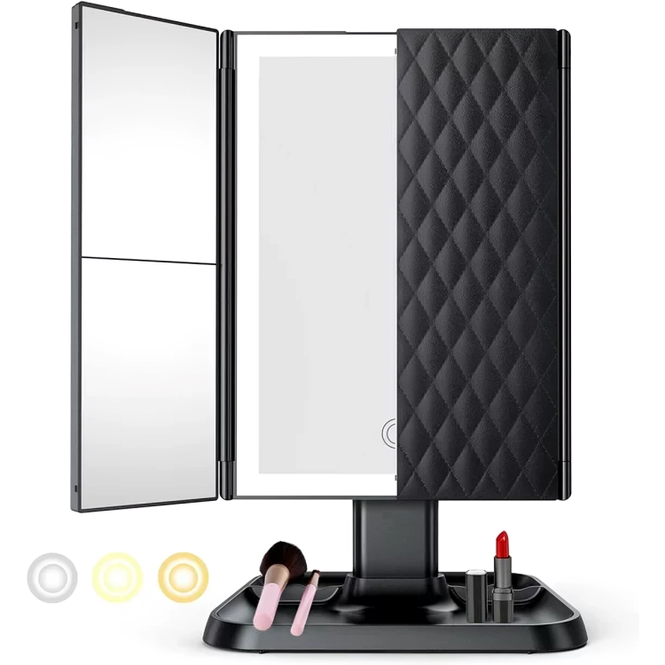 Miroir de Maquillage LED Pliant à 3 Panneaux avec Éclairage Réglable