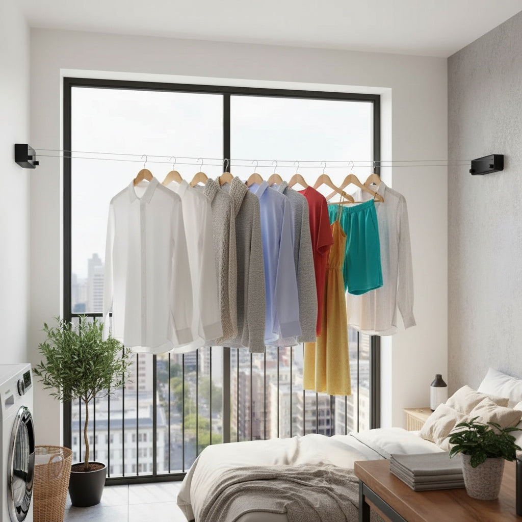 Étendoir à Linge Rétractable Mural Gain de Place – Câble Inox 4 Mètres