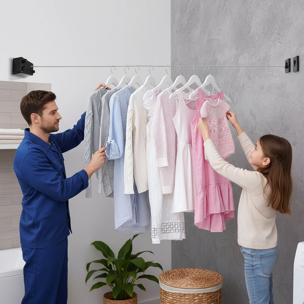 Étendoir à Linge Rétractable Mural Gain de Place – Câble Inox 4 Mètres