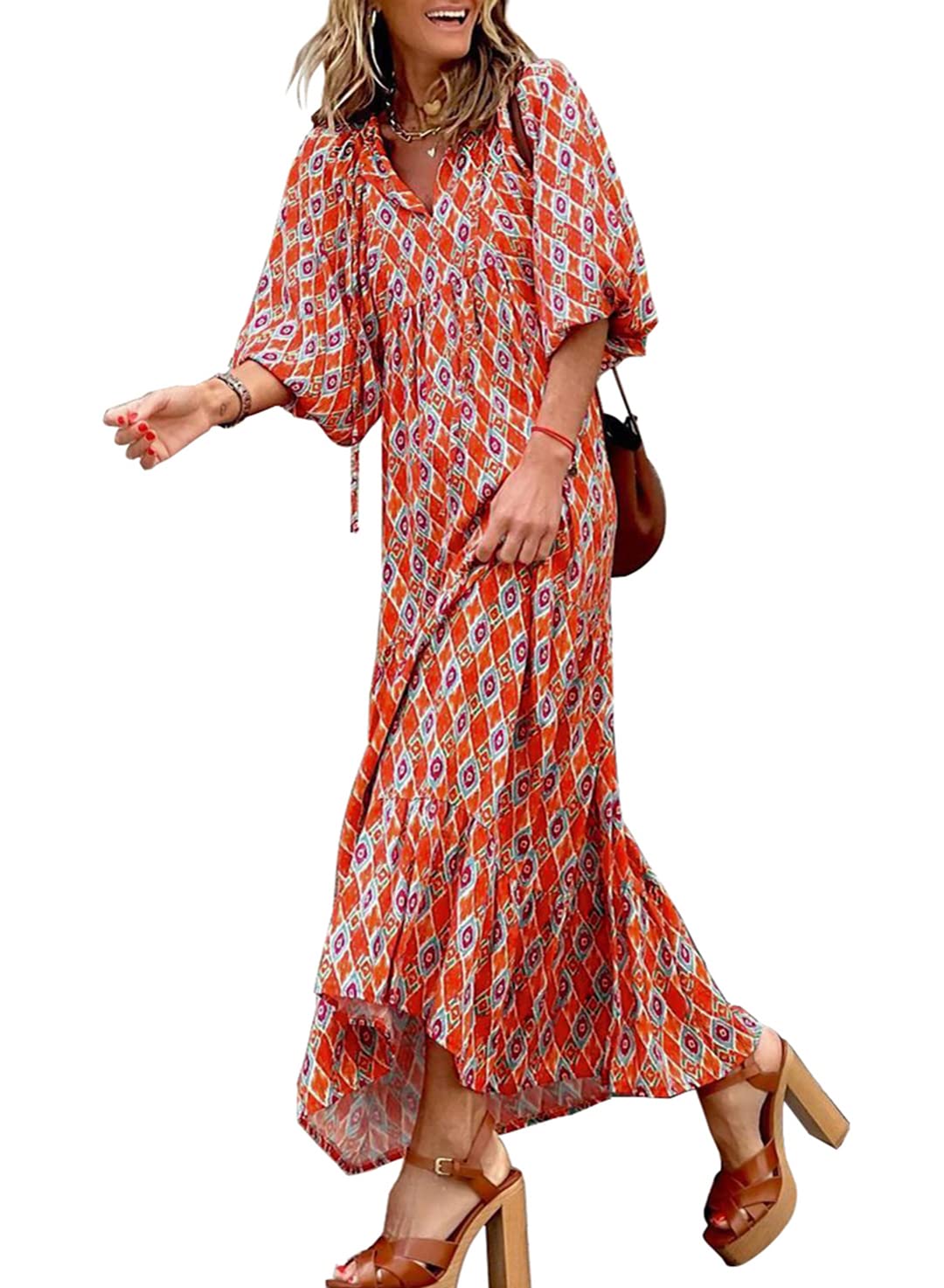 Lieke™ – Robes longues bohèmes géométriques à manches bouffantes pour femmes [50 % de réduction]