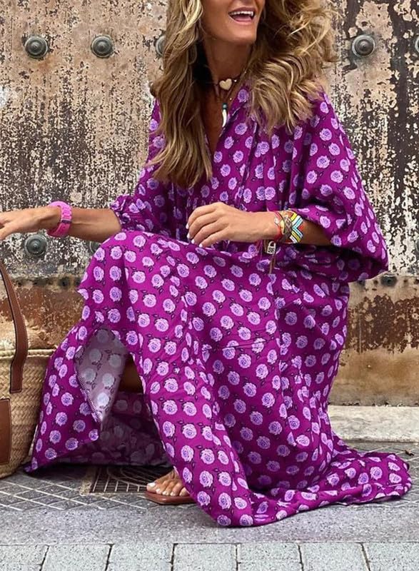 Lieke™ – Robes longues bohèmes géométriques à manches bouffantes pour femmes [50 % de réduction]