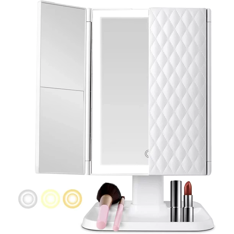 Miroir de Maquillage LED Pliant à 3 Panneaux avec Éclairage Réglable