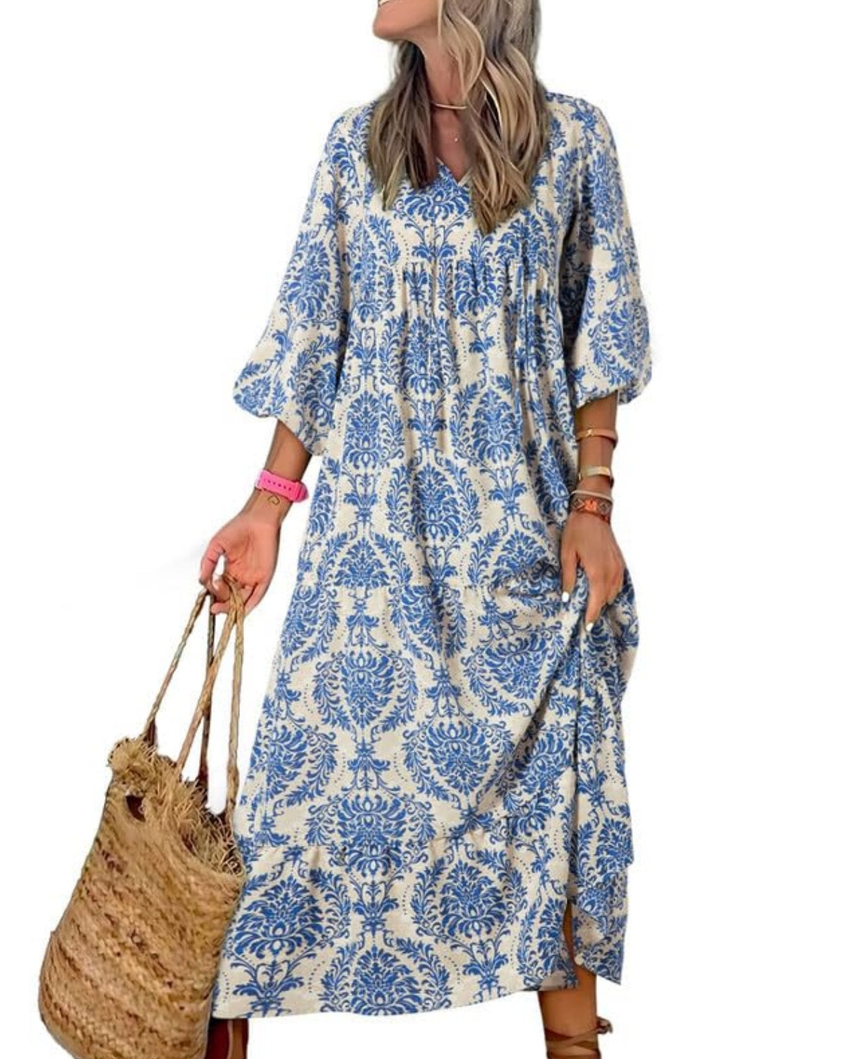 Lieke™ – Robes longues bohèmes géométriques à manches bouffantes pour femmes [50 % de réduction]