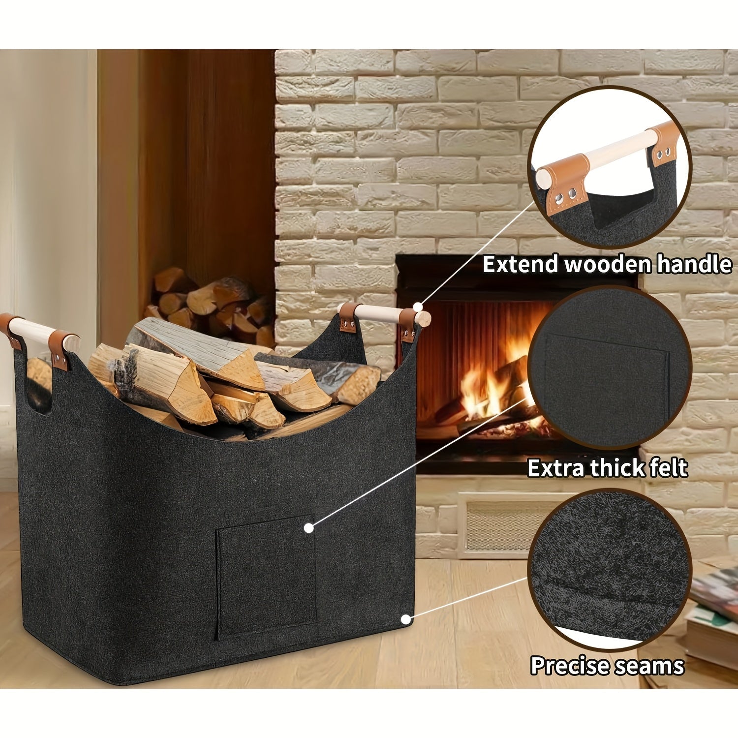 Panier à bûches pliable en feutre avec poignées en bois – 55 litres