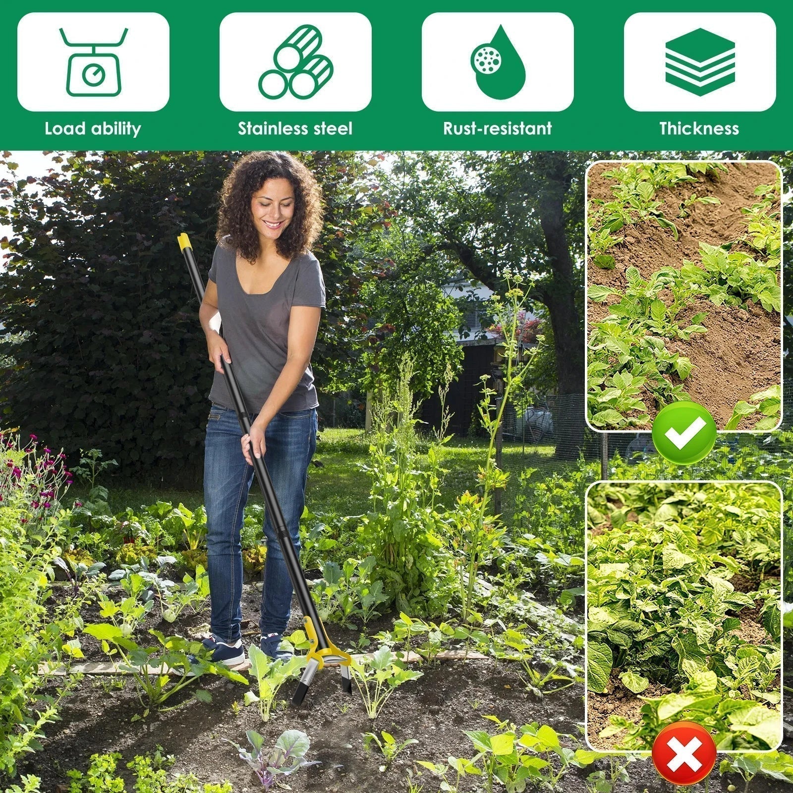 Houe de Jardin en Acier Inoxydable avec Manche Ergonomique Long