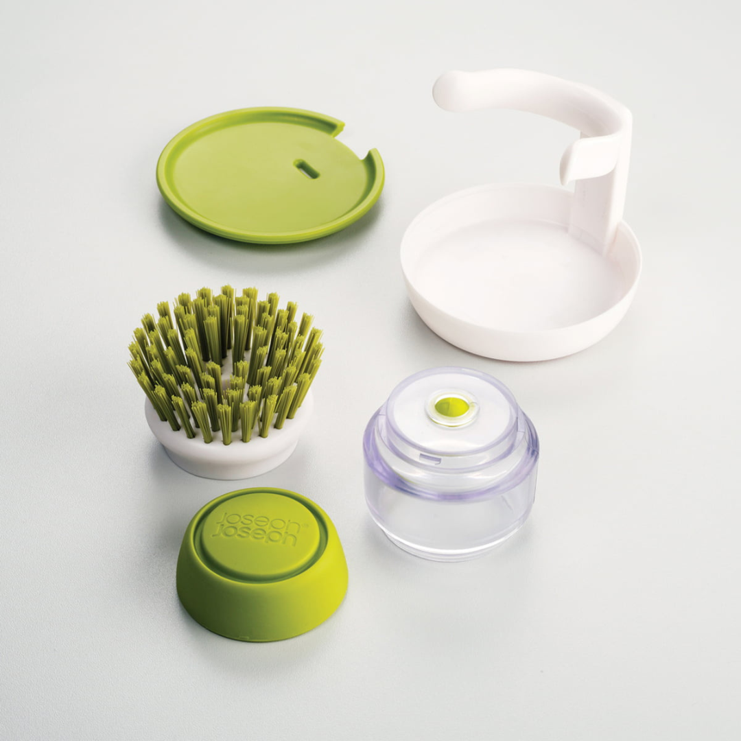 Brosse à vaisselle avec distributeur de savon intégré et support égouttoir