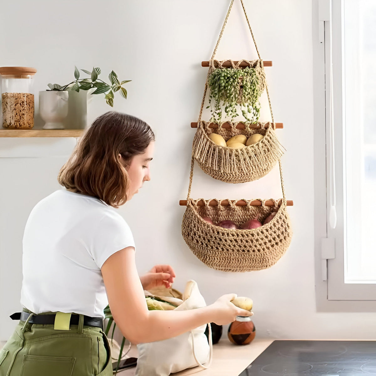 Panier à fruits suspendu en jute – multi-niveaux pour la cuisine