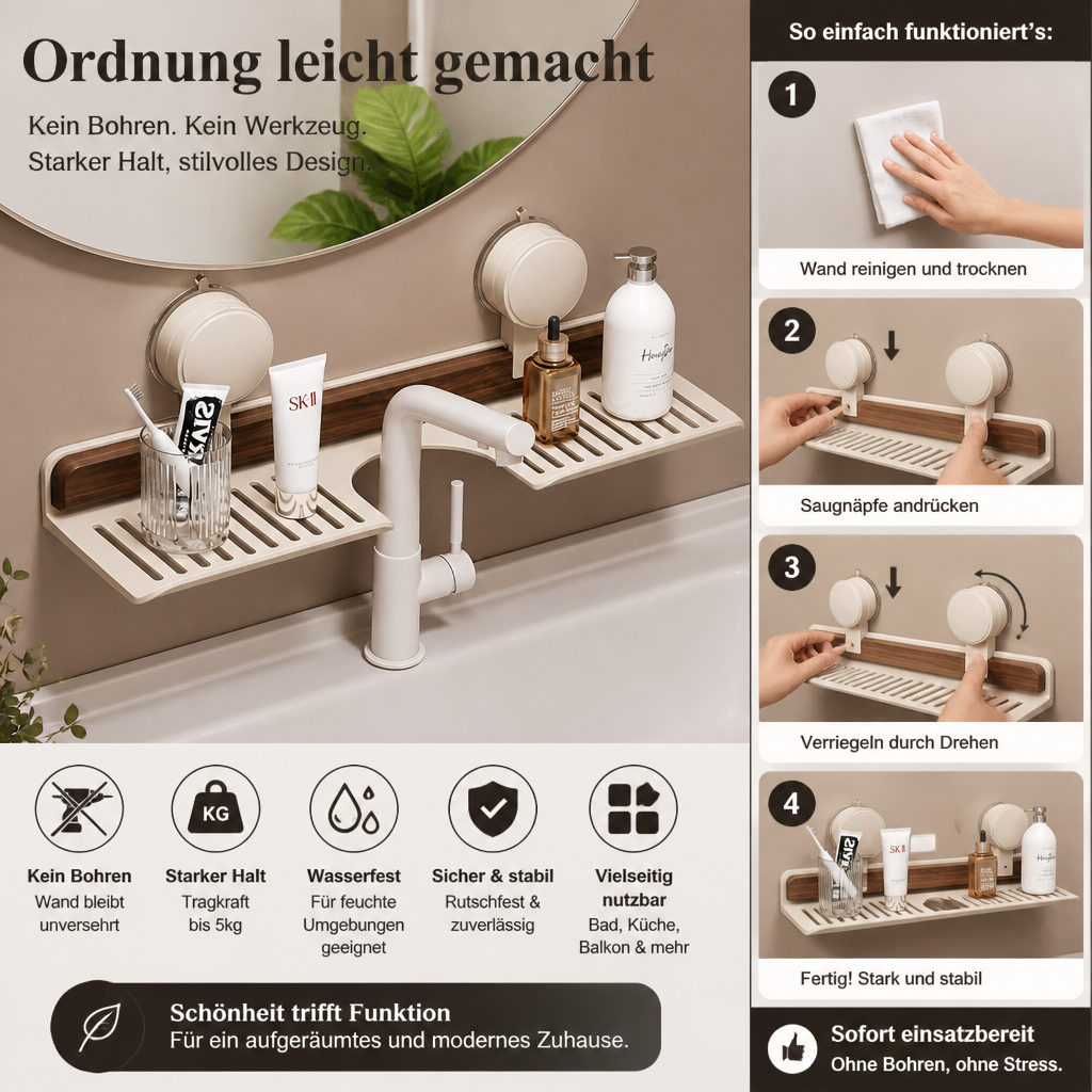 Étagère de salle de bain sans perçage à ventouses – Rangement mural