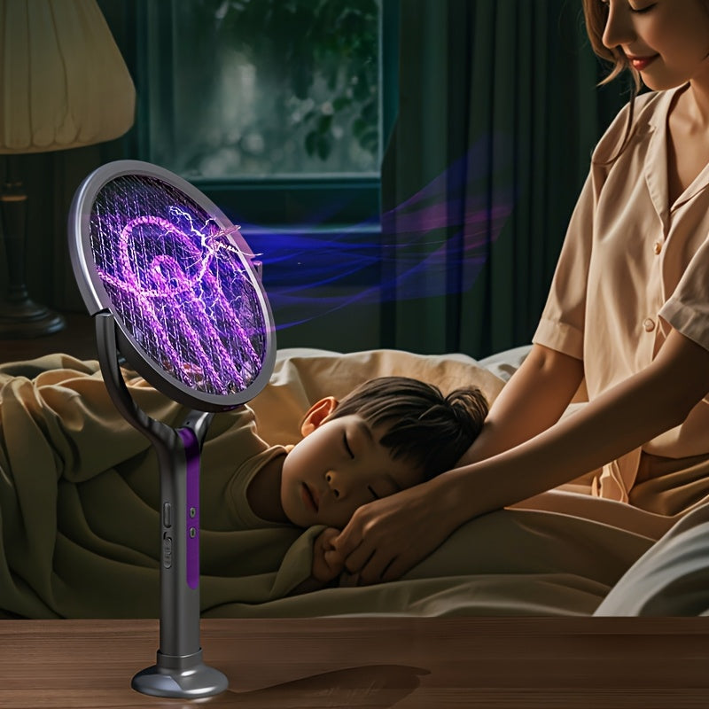 Raquette électrique anti-moustiques avec lampe UV et poignée télescopique