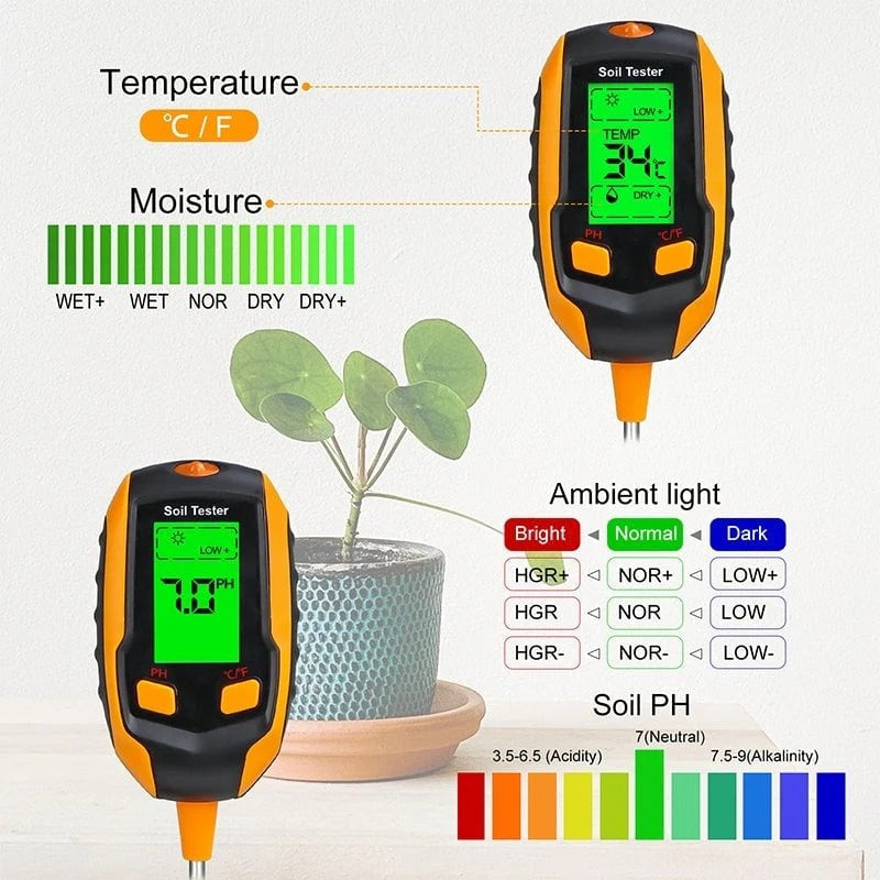 Testeur de Sol 4-en-1 – Humidité, pH, Température et Lumière