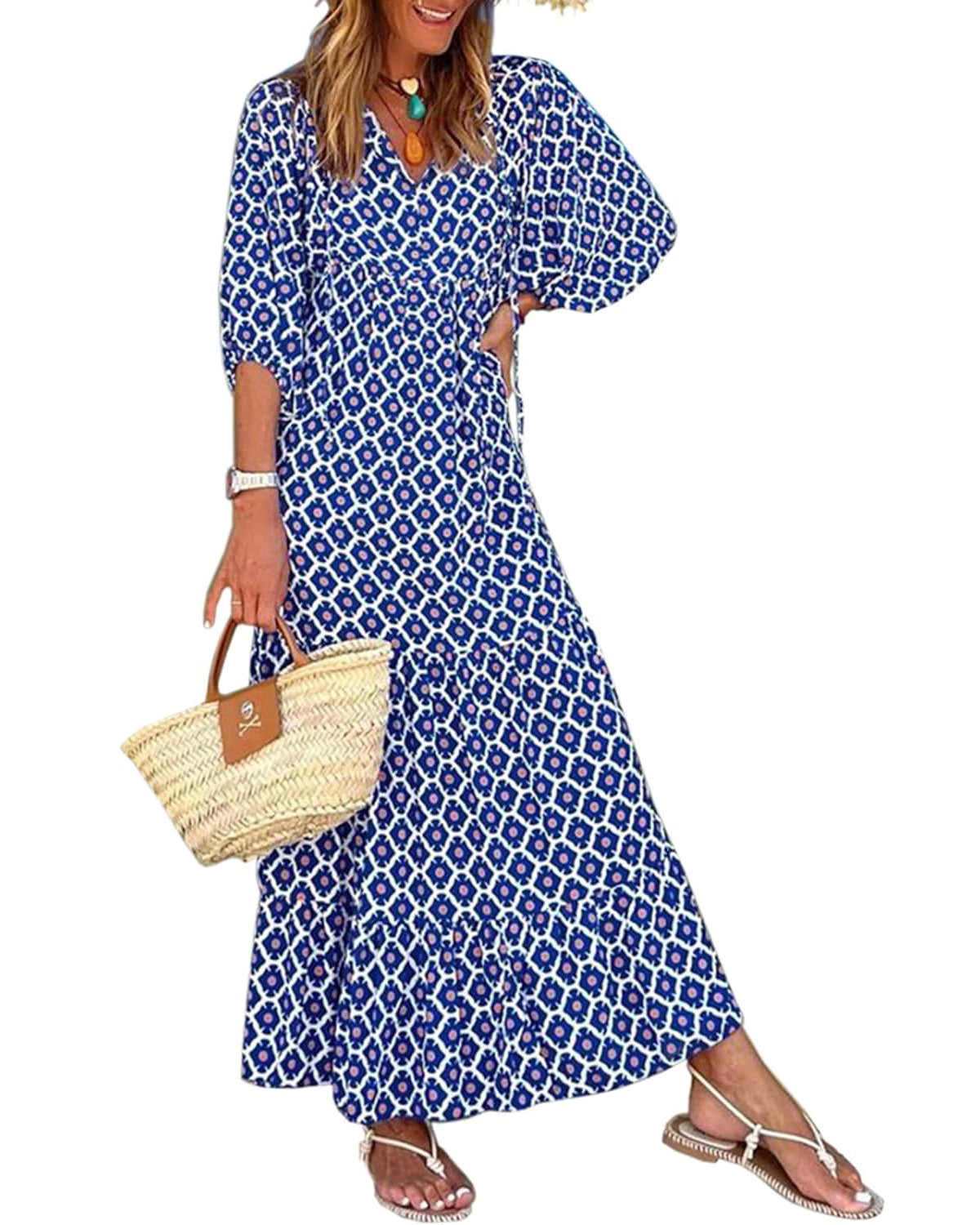 Lieke™ – Robes longues bohèmes géométriques à manches bouffantes pour femmes [50 % de réduction]