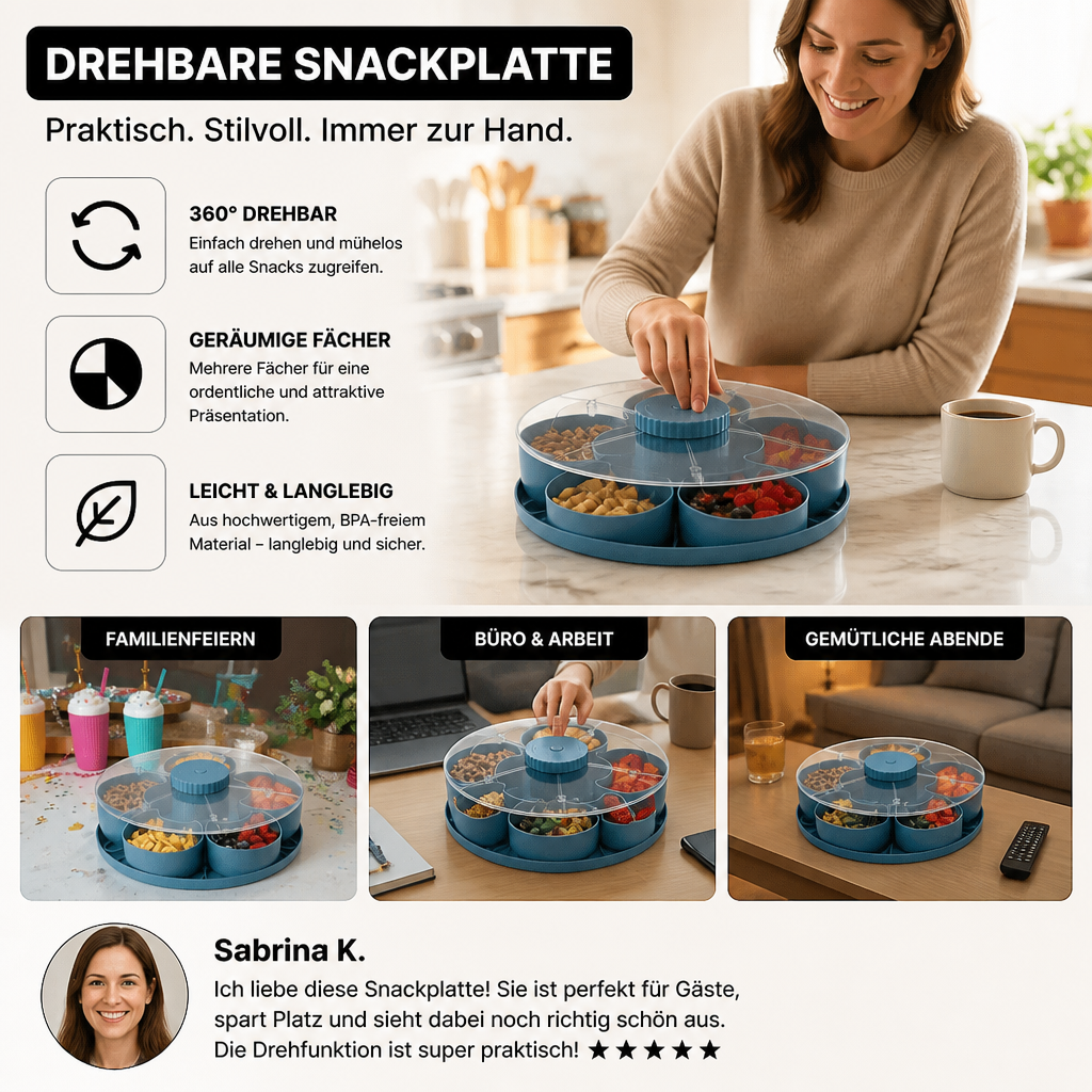 Plateau Tournant à Compartiments pour Snacks – Rotation 360° Sans BPA