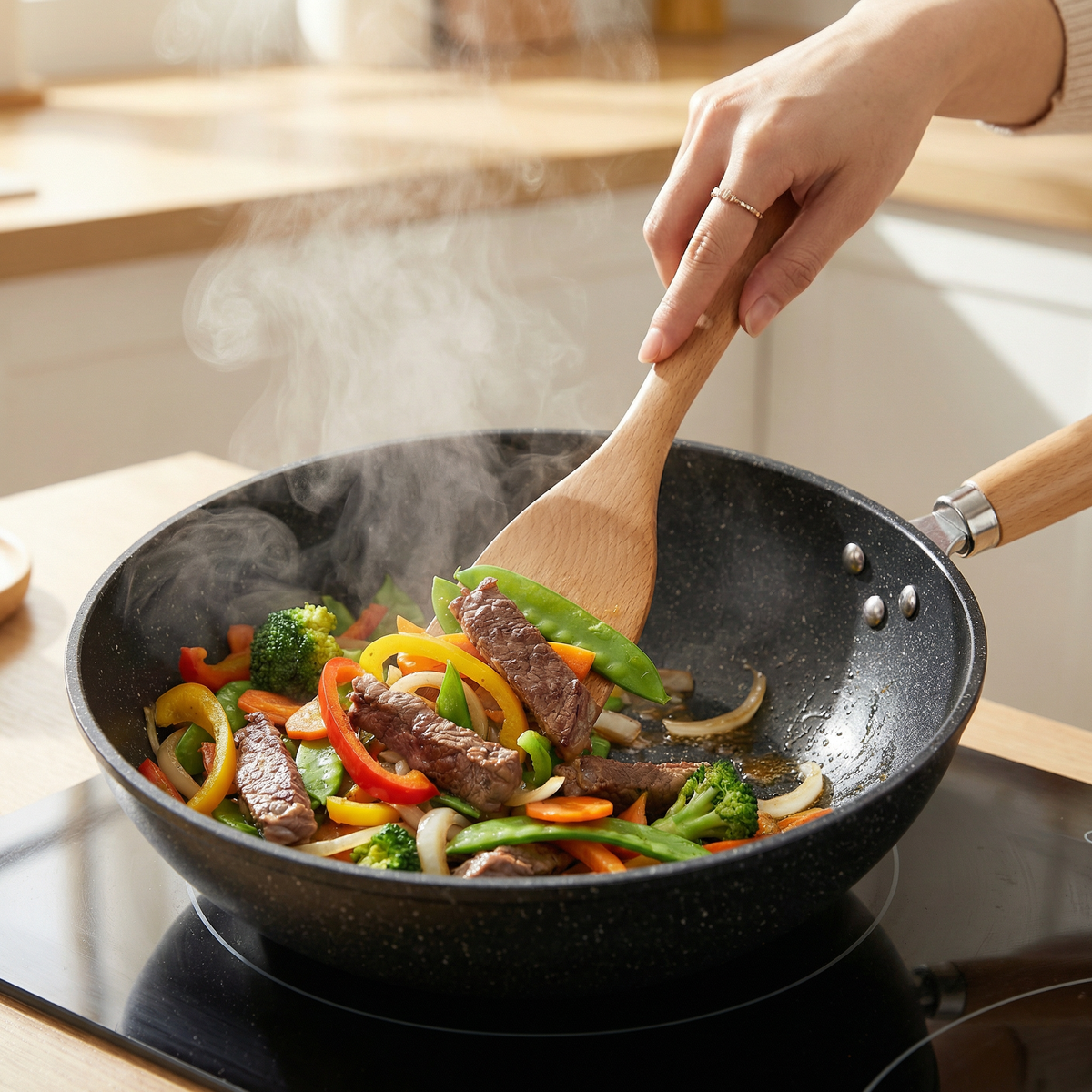 Wok en céramique avec couvercle en verre et manche en bois pour tous types de cuisinières