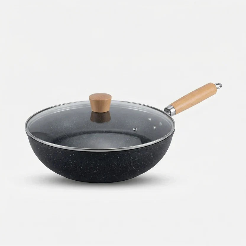 Wok en céramique avec couvercle en verre et manche en bois pour tous types de cuisinières