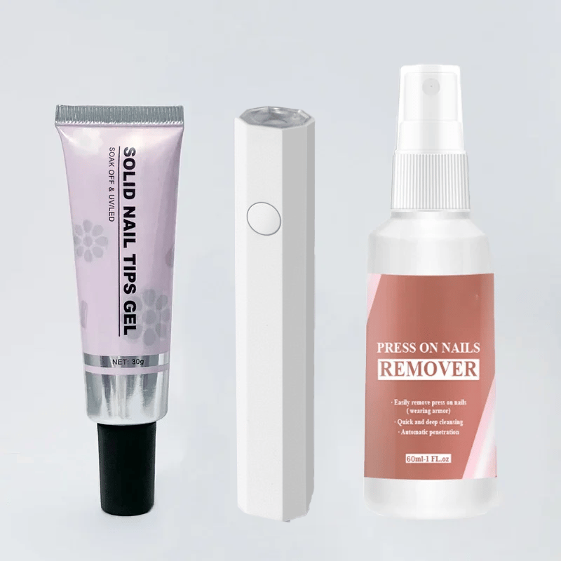 Kit Nail Art 3-en-1 – Colle à Ongles, Dissolvant & Lampe UV Portable