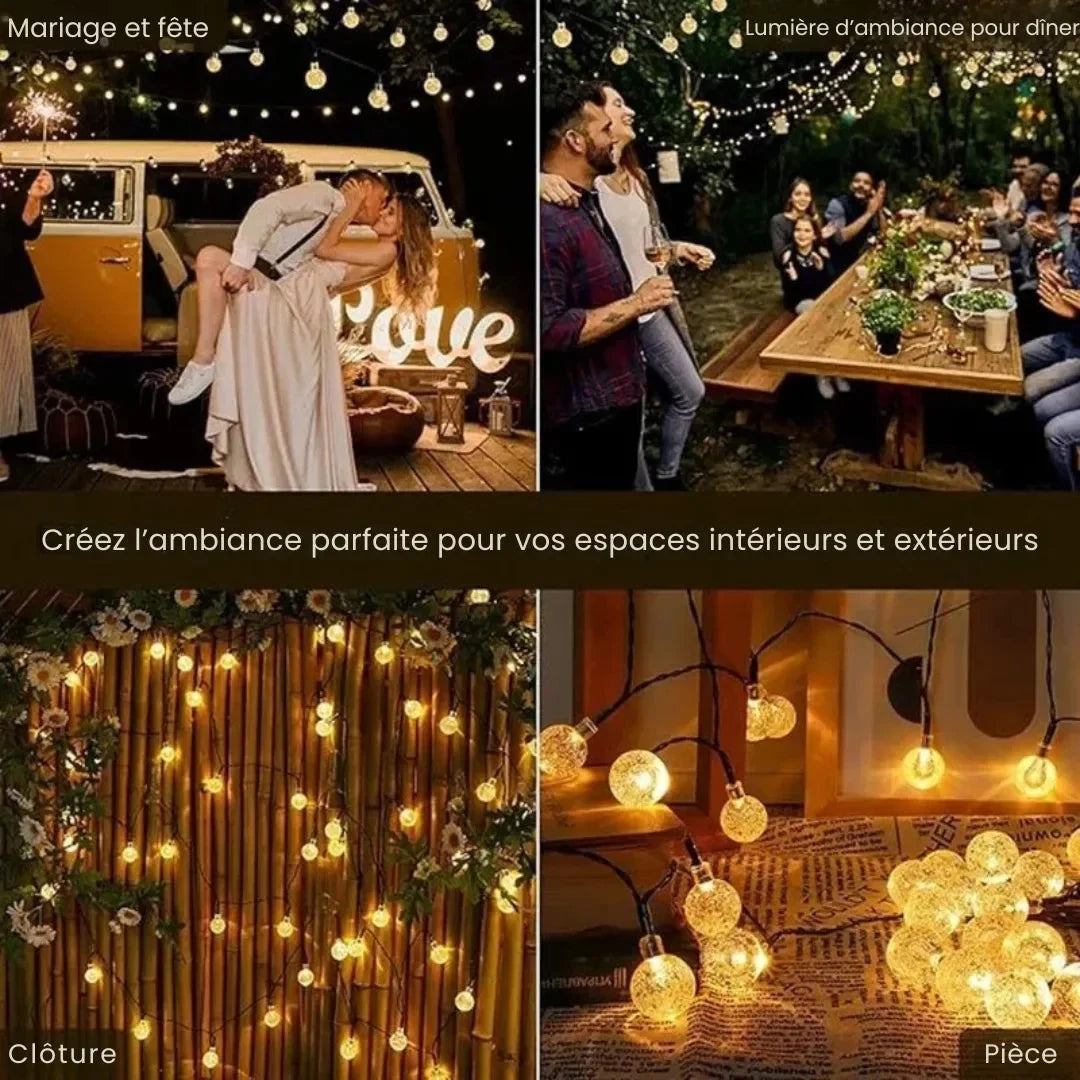 Guirlande lumineuse LED solaire avec boules en cristal pour jardin et terrasse