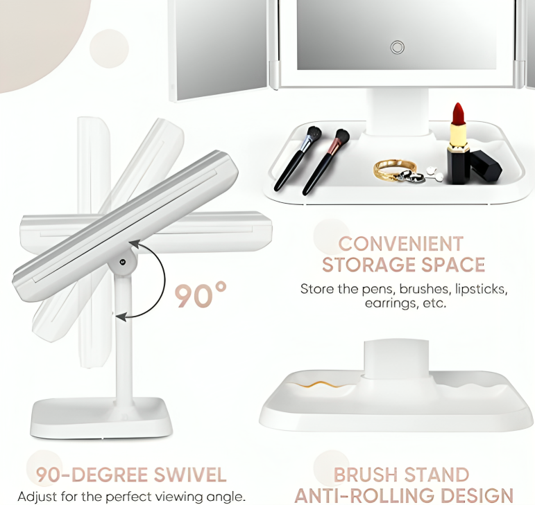 Miroir de Maquillage LED Pliant à 3 Panneaux avec Éclairage Réglable