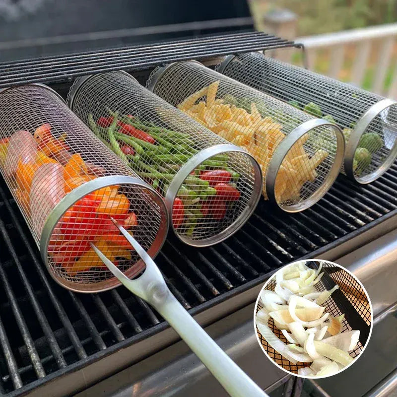 Panier Grill Rotatif en Acier Inoxydable pour Barbecue – Légumes et Fruits de