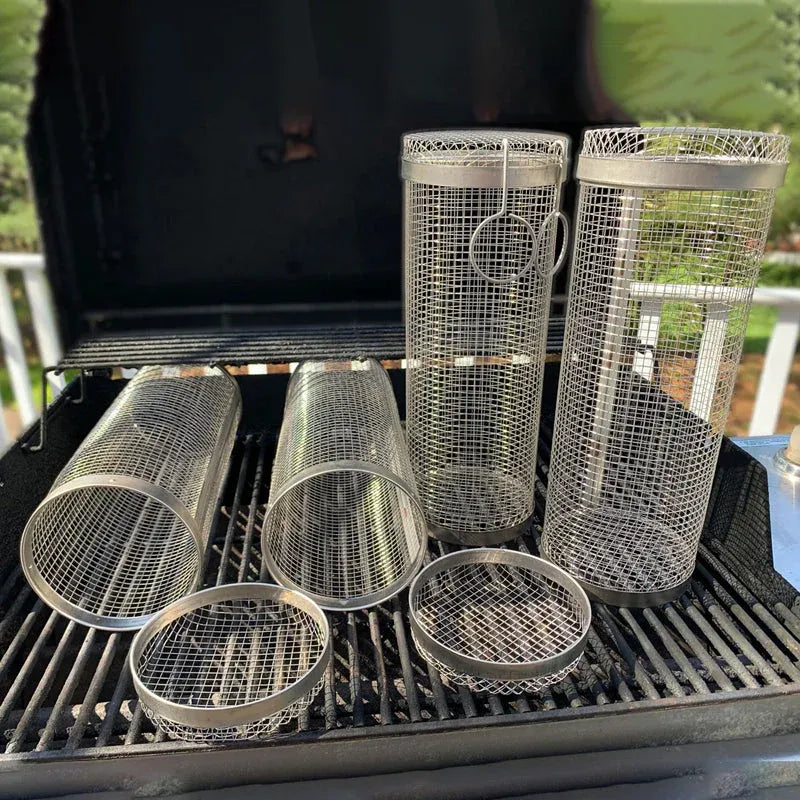 Panier Grill Rotatif en Acier Inoxydable pour Barbecue – Légumes et Fruits de