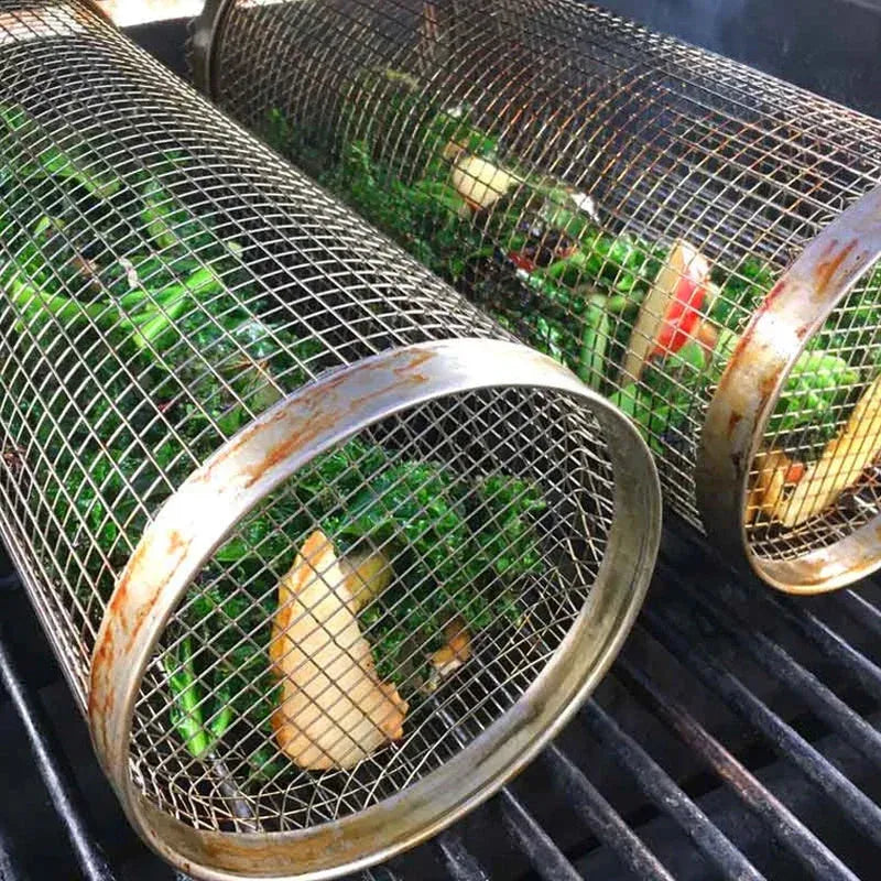 Panier Grill Rotatif en Acier Inoxydable pour Barbecue – Légumes et Fruits de
