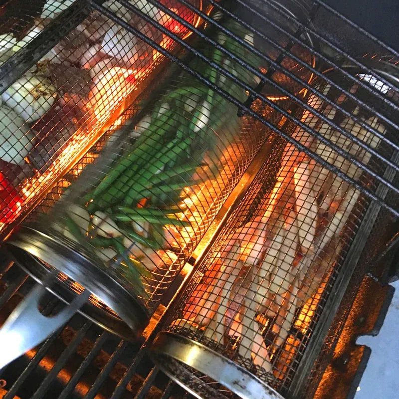 Panier Grill Rotatif en Acier Inoxydable pour Barbecue – Légumes et Fruits de