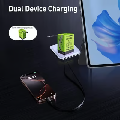 Chargeur Rapide GaN Double Port USB-C avec Câble Rétractable