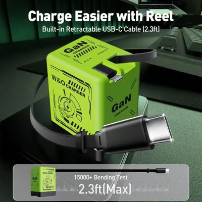 Chargeur Rapide GaN Double Port USB-C avec Câble Rétractable