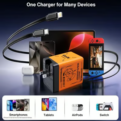 Chargeur Rapide GaN Double Port USB-C avec Câble Rétractable