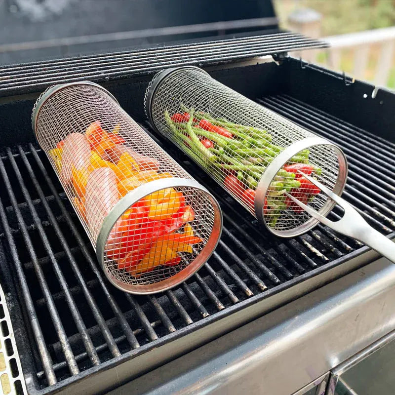 Panier Grill Rotatif en Acier Inoxydable pour Barbecue – Légumes et Fruits de
