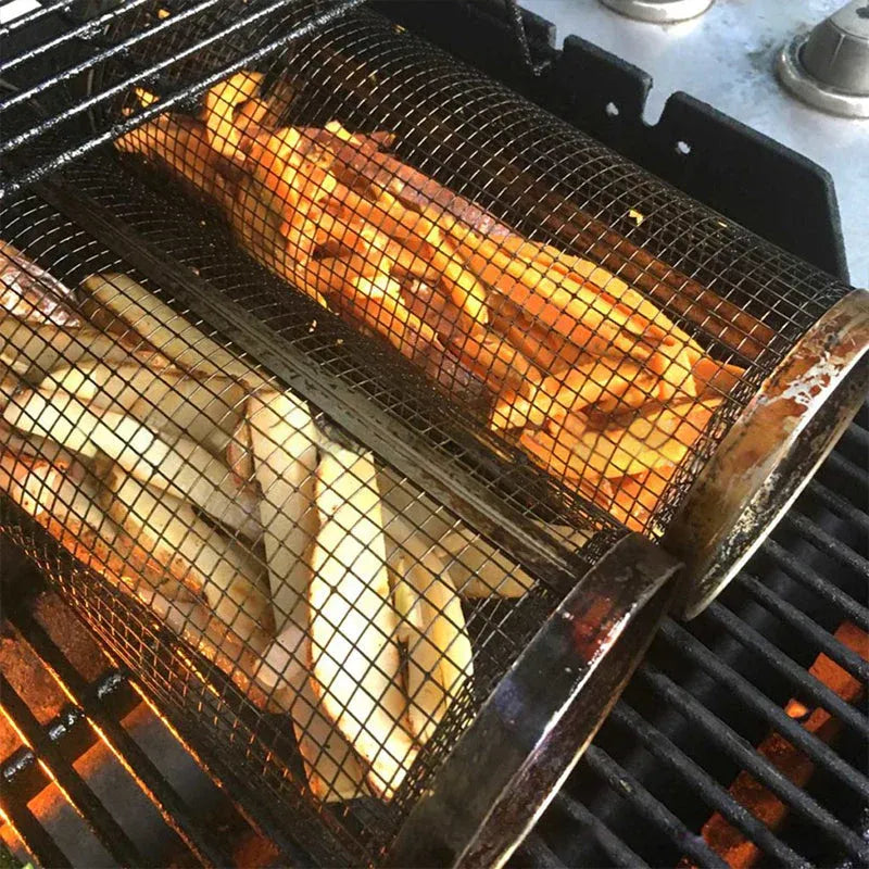 Panier Grill Rotatif en Acier Inoxydable pour Barbecue – Légumes et Fruits de