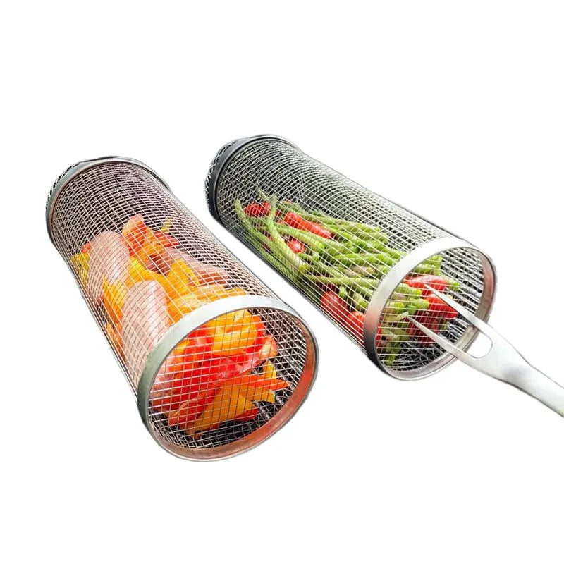 Panier Grill Rotatif en Acier Inoxydable pour Barbecue – Légumes et Fruits de