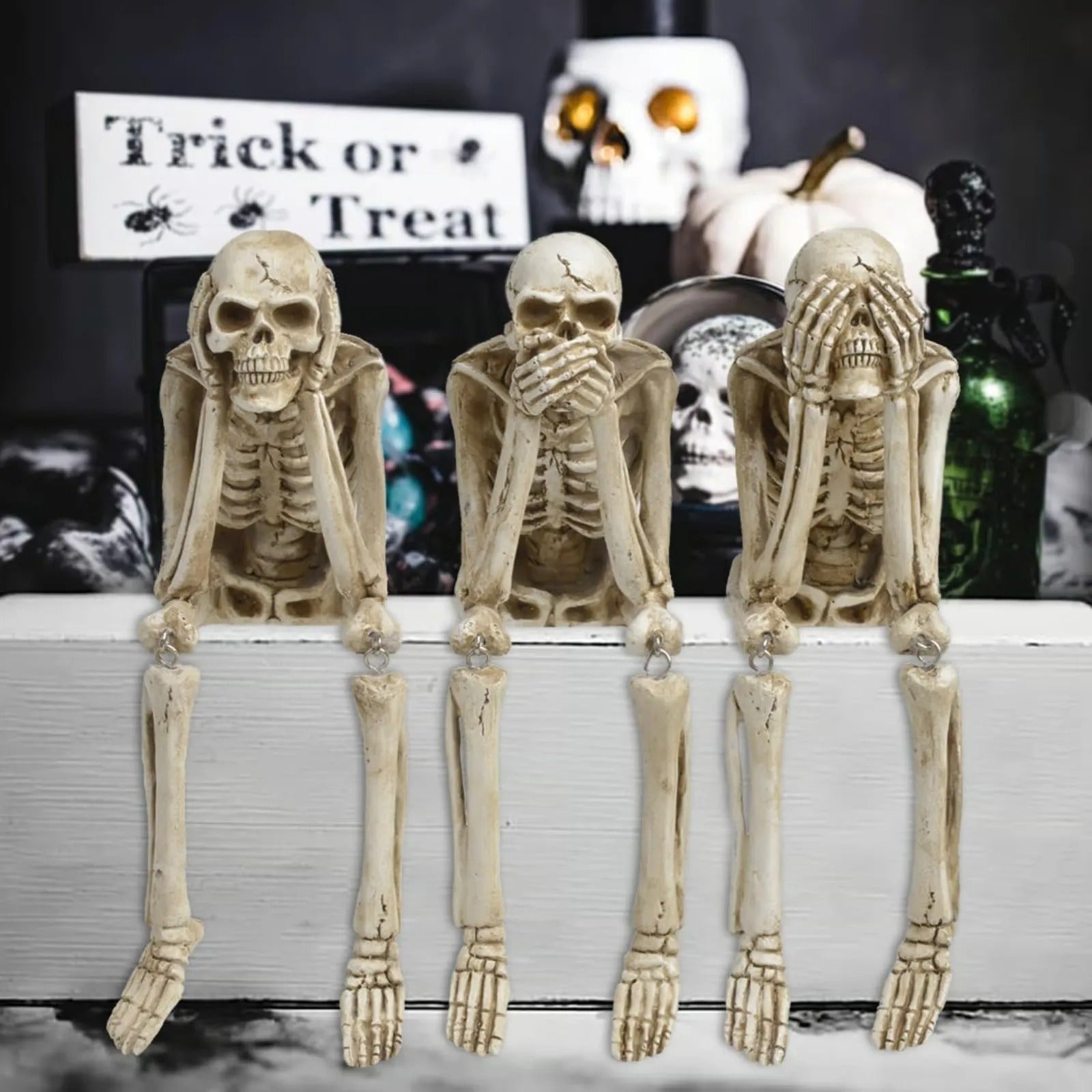 Lot de 3 figurines squelettes en résine synthétique décoration rebord de cheminée Halloween