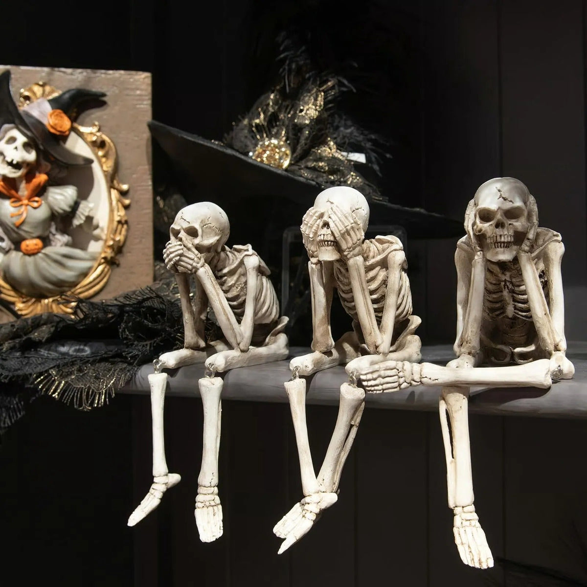 Lot de 3 figurines squelettes en résine synthétique décoration rebord de cheminée Halloween